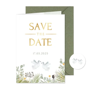 Stijlvolle Save the Date kaart met 2 witte duiven en planten